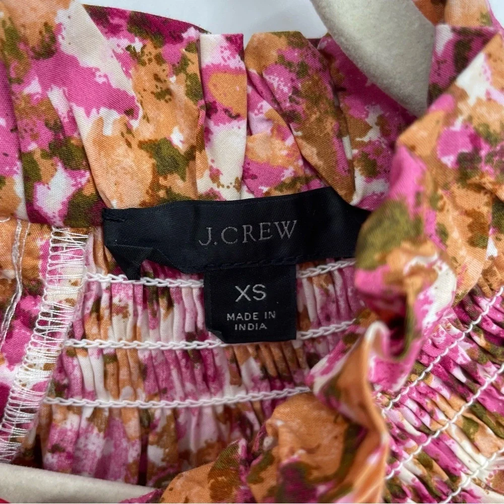 J Crew Smocked high‎ Neck Puff Sleeve Pink Print Blouse BB263 XS